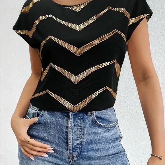 Black Short Sleeve Top with Gold Chevron Sequin Detail NWOT - Picture 1 of 5